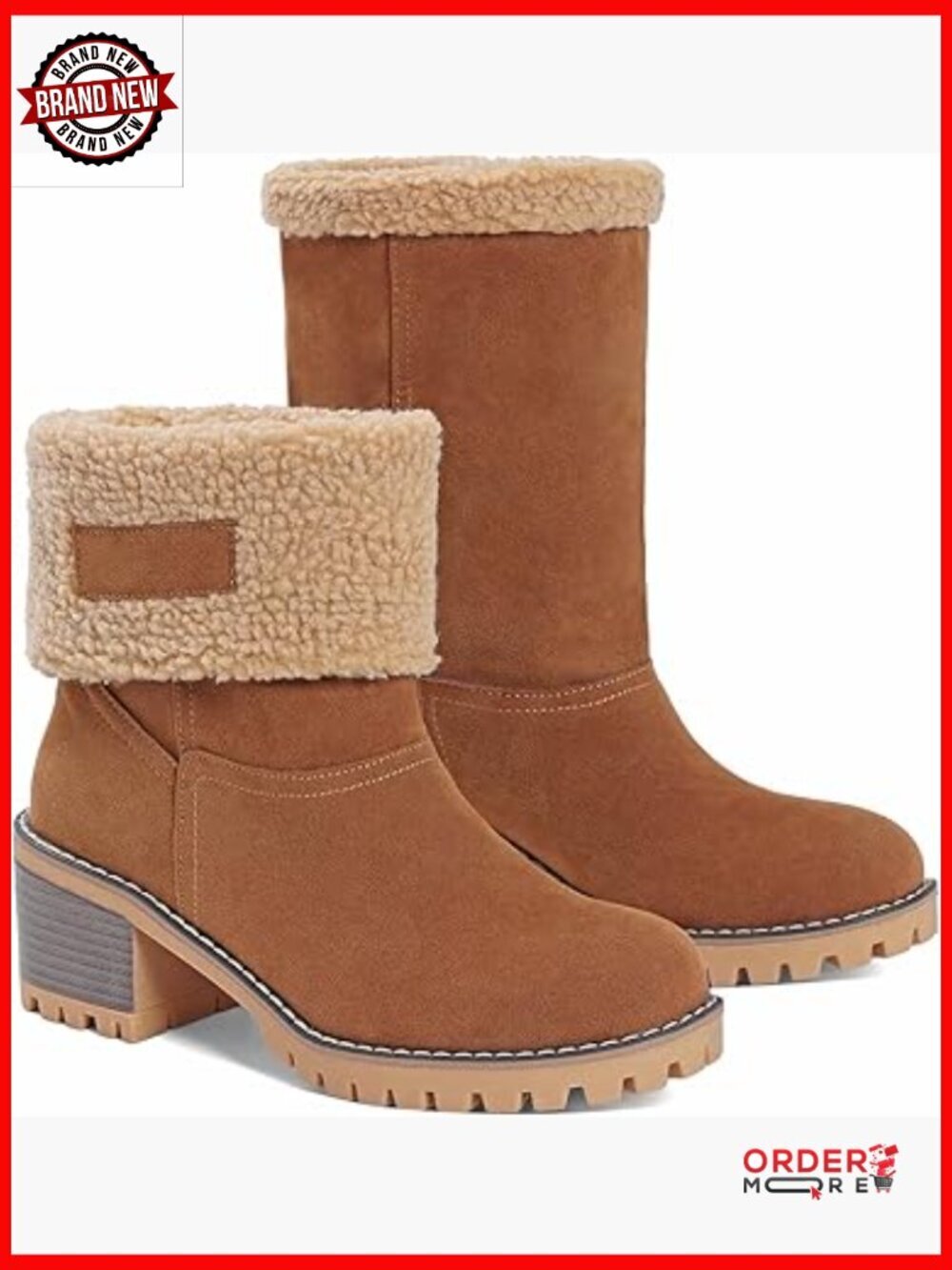 Fur Lined Snow Boots with Chunky Heel Slip On Winter Ankle Booties